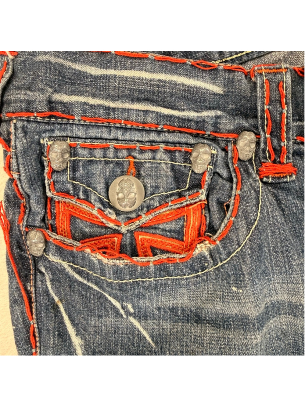 Women's Laguna Beach Vintage Y2K Boot Cut Jeans Red Stitching Skulls Size 34 - Picture 5 of 16